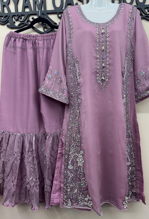 Pink Chiffon Embroidered 3Pc Gharara Set with Beaded Neckline