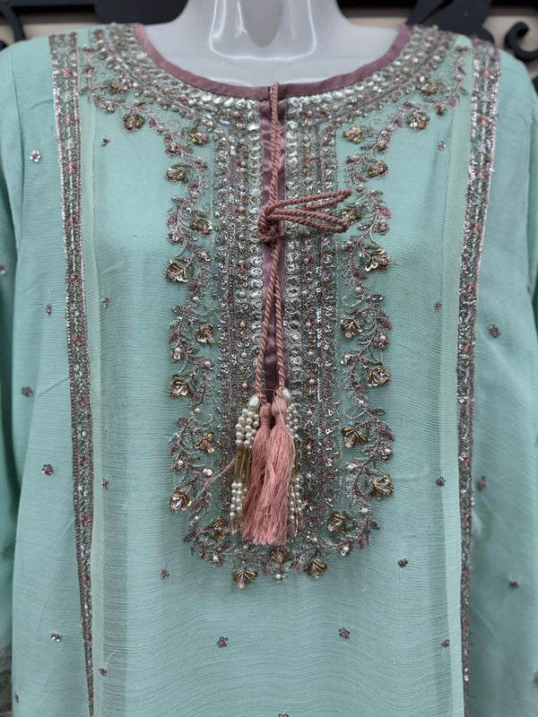 Chiffon Embroidered 4Pc Formal Dress with Potli Bag