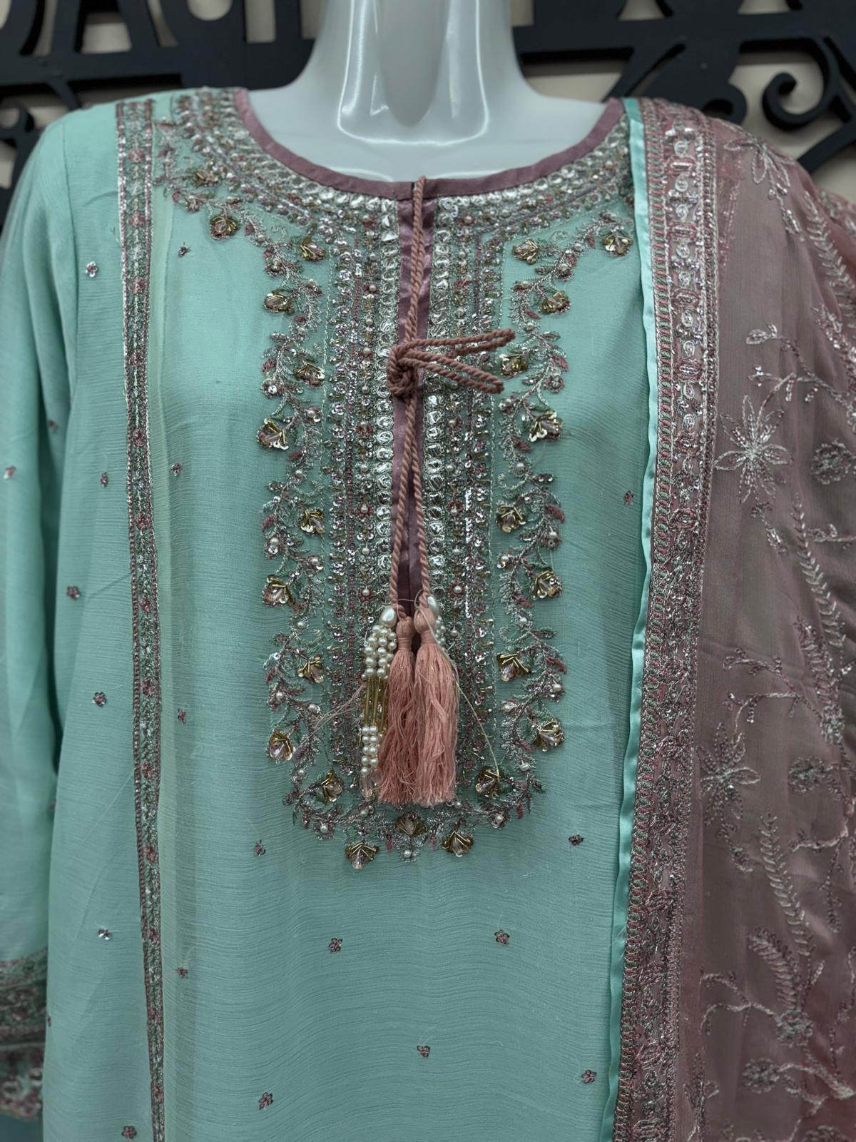 Luxury Chiffon Embroidered 4Pc Formal Dress with Potli Bag (Copy)