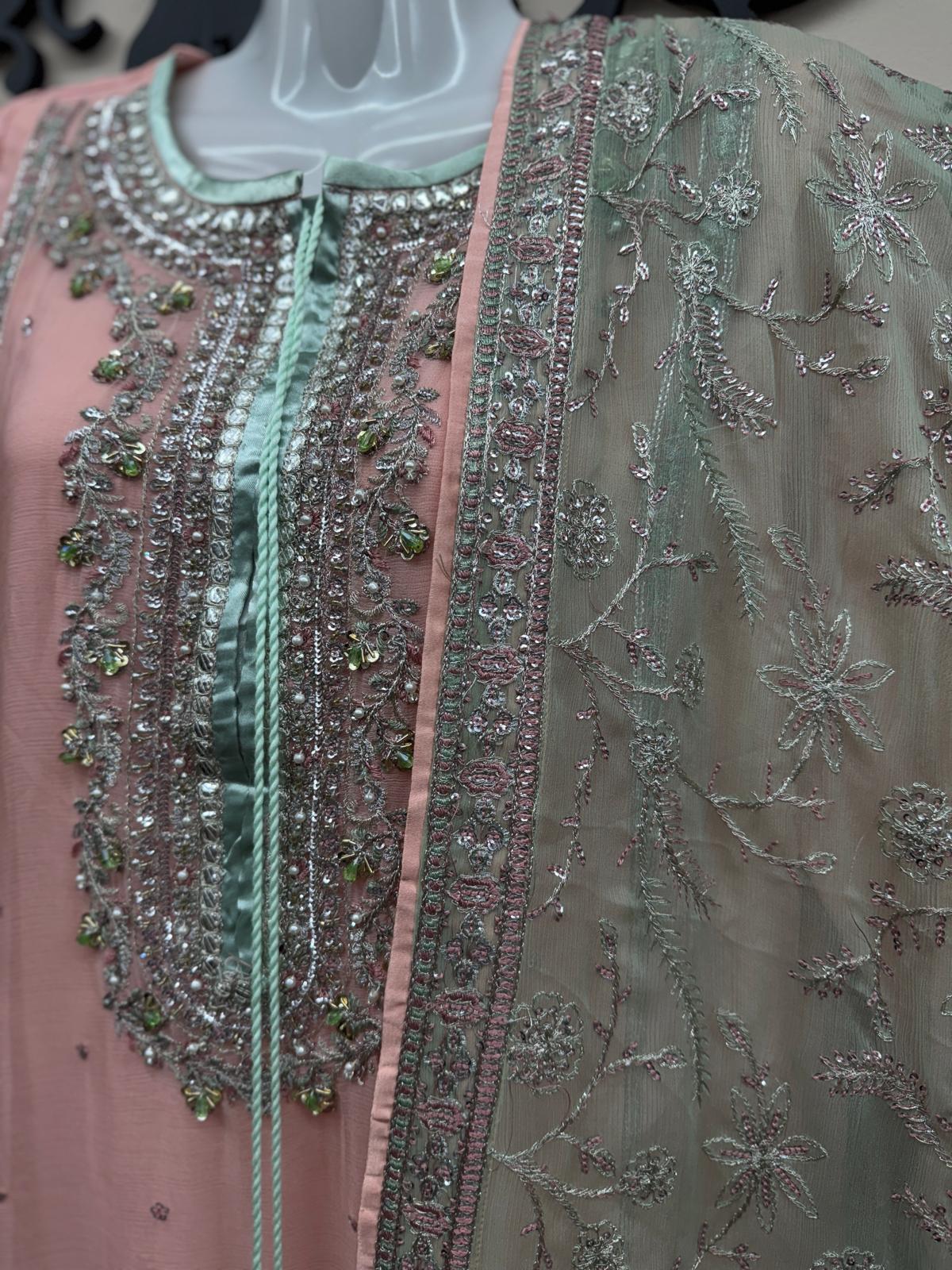 Chiffon Embroidered 4Pc Formal Dress with Potli Bag