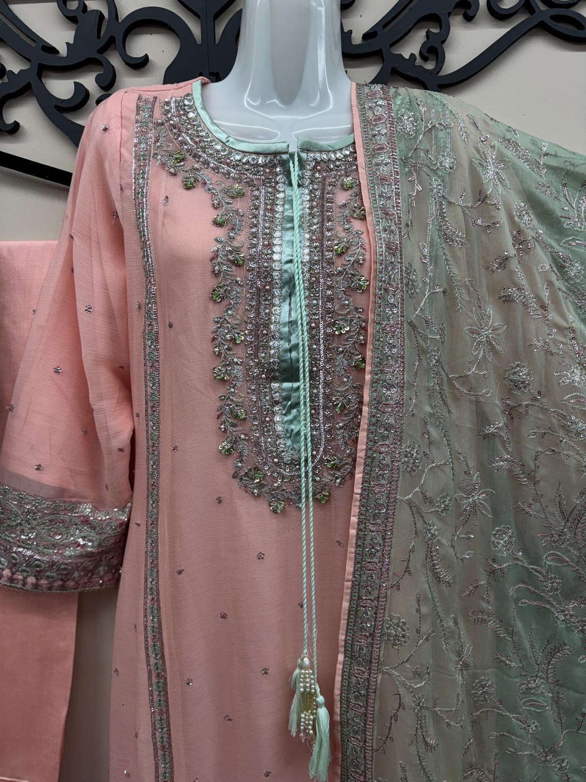 Chiffon Embroidered 4Pc Formal Dress with Potli Bag