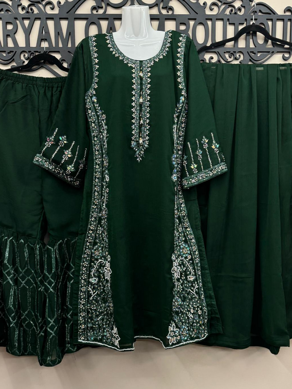 Chiffon Embroidered 3Pc Gharara Outfit with Beads & Dupatta