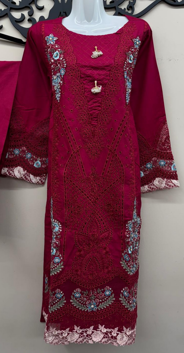 Red Soft Cotton Chikankari Embroidered 3Pc Suit with Dupatta