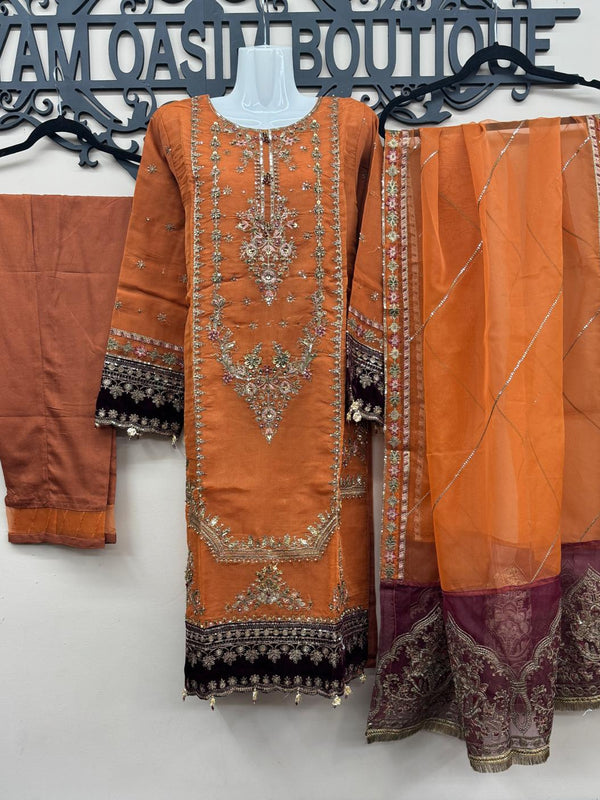 Zinc Organza Embroidered 3Pc Dress with Velvet Patch & Dupatta