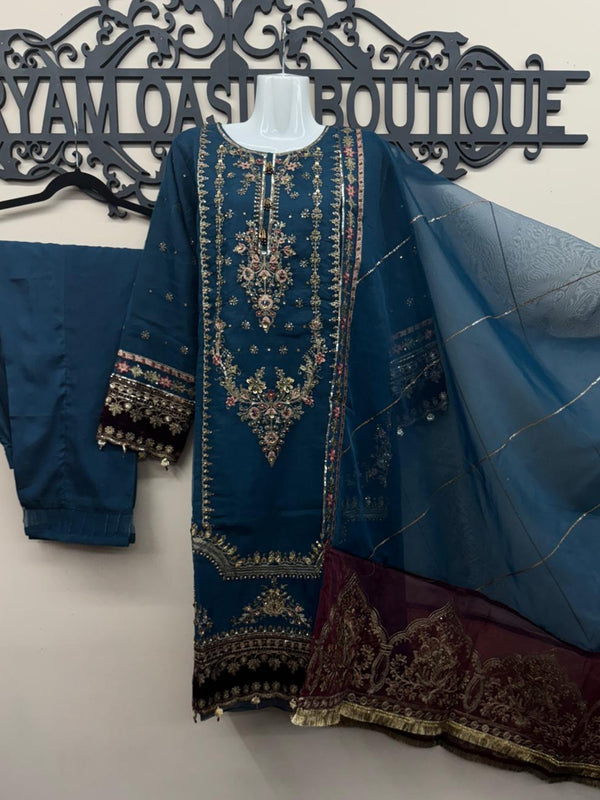Blue Organza Embroidered 3Pc Formal Dress with Velvet Patch & Dupatta – Agha Noor Inspired