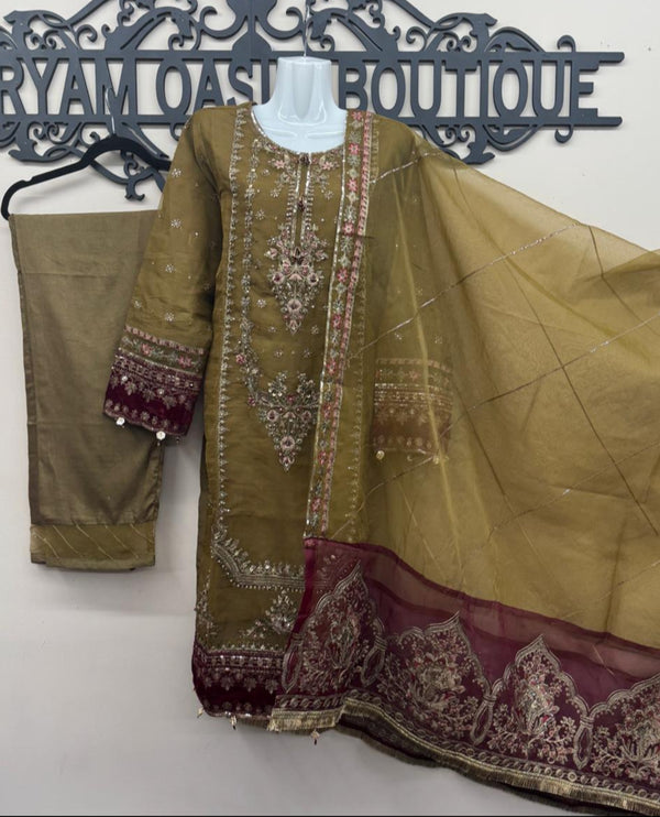 Mustard-Brown Organza 3Pc Embroidered Dress with Dupatta