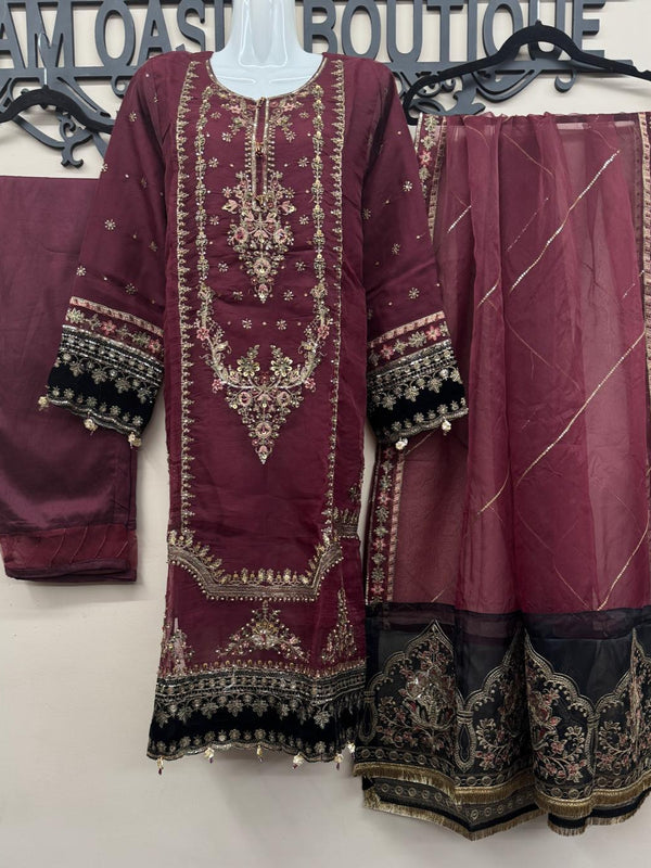 Maroon Embroidered Organza 3Pc Dress with Velvet Borders
