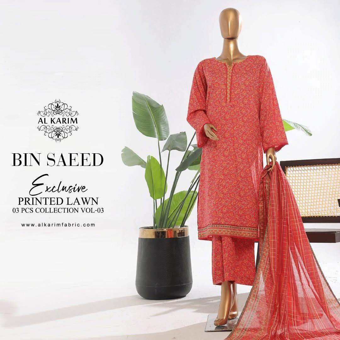3-Piece Original Bin Saeed Red Printed Lawn Stitched Suit with Lawn Dupatta & Printed Trouser