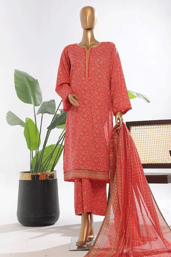 3-Piece Original Bin Saeed Red Printed Lawn Stitched Suit with Lawn Dupatta & Printed Trouser