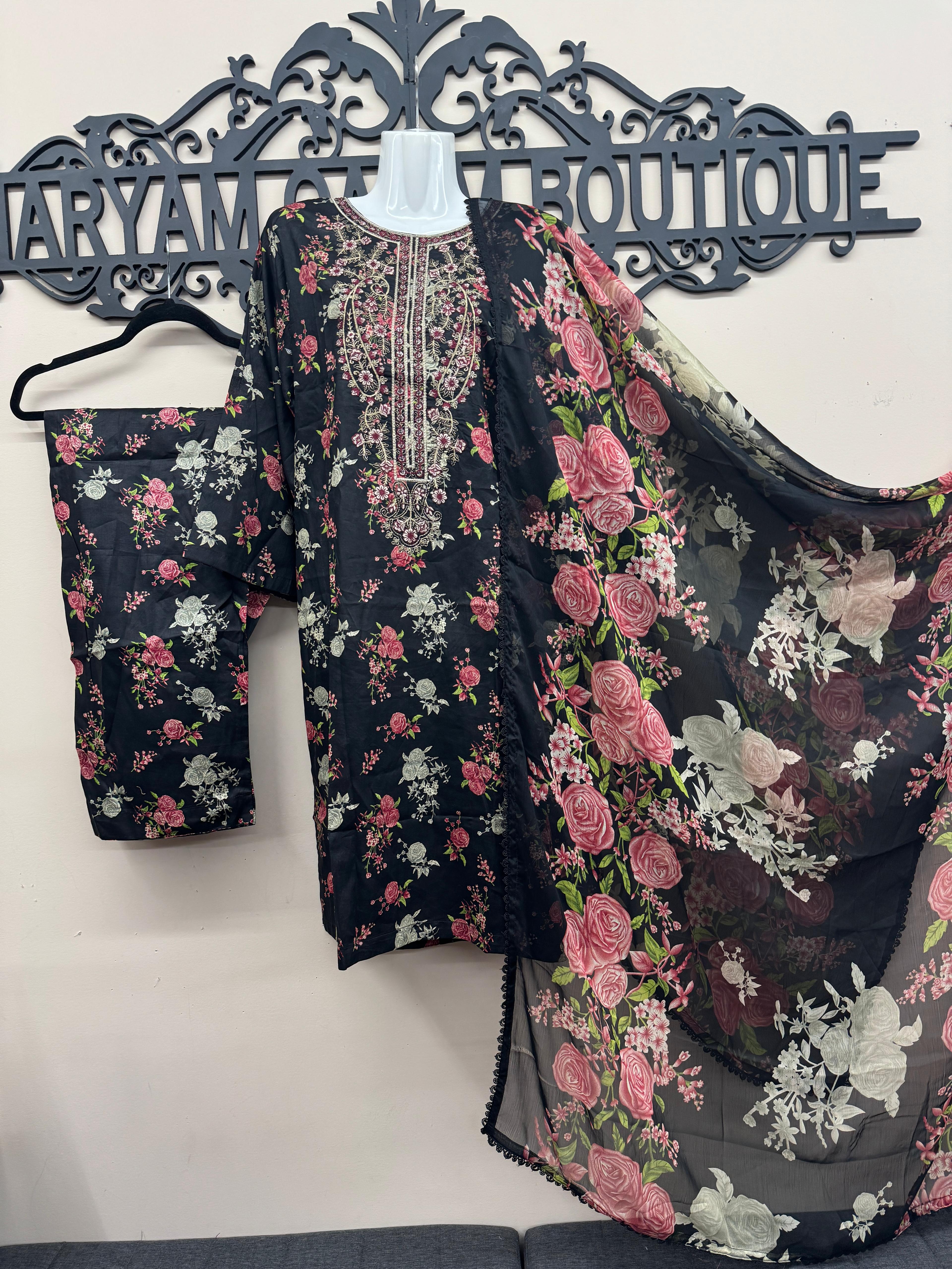 Black Floral 3-Piece Lawn Suit with Embroidered Neck & Printed Chiffon Dupatta