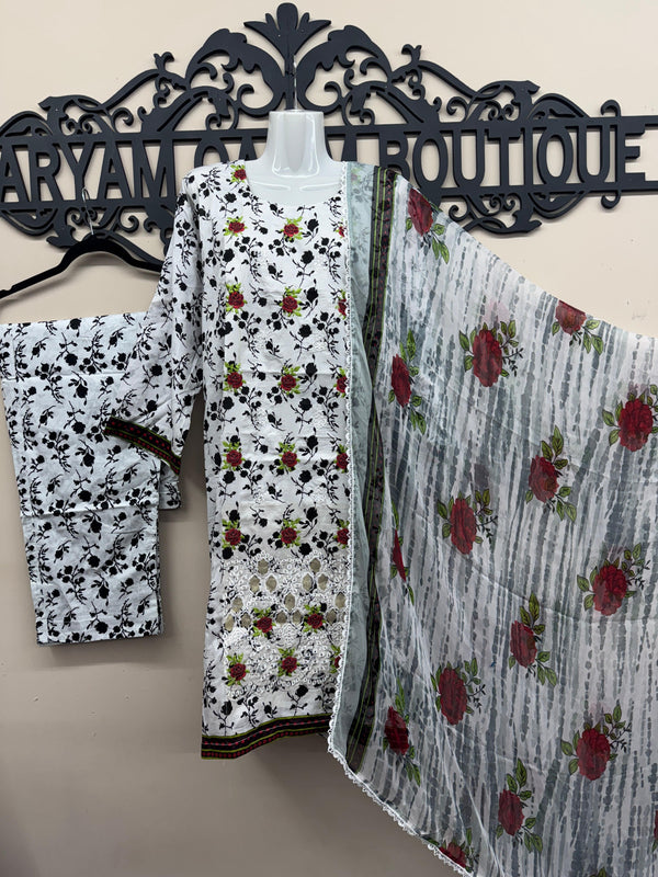 White Floral 3-Piece Lawn Suit with Embroidered Neck & Printed Chiffon Dupatta