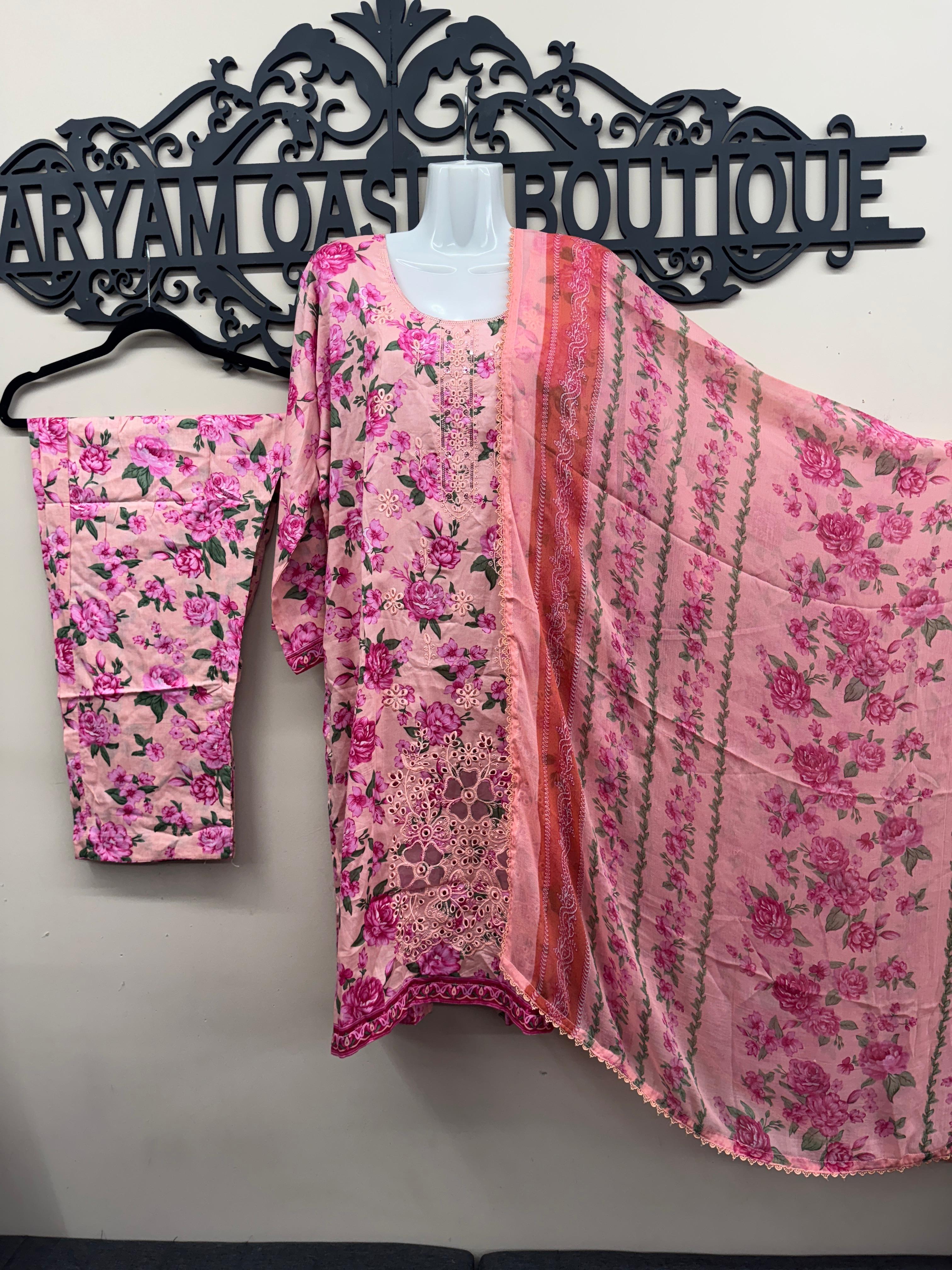 Pink Floral 3-Piece Lawn Suit with Embroidered Neck & Chiffon Dupatta