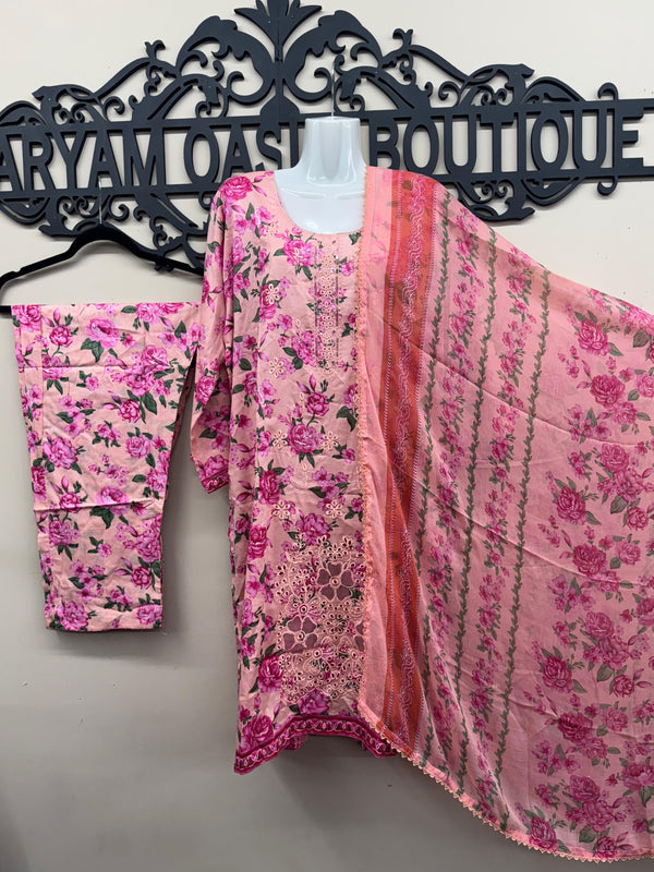 Pink Floral 3-Piece Lawn Suit with Embroidered Neck & Chiffon Dupatta