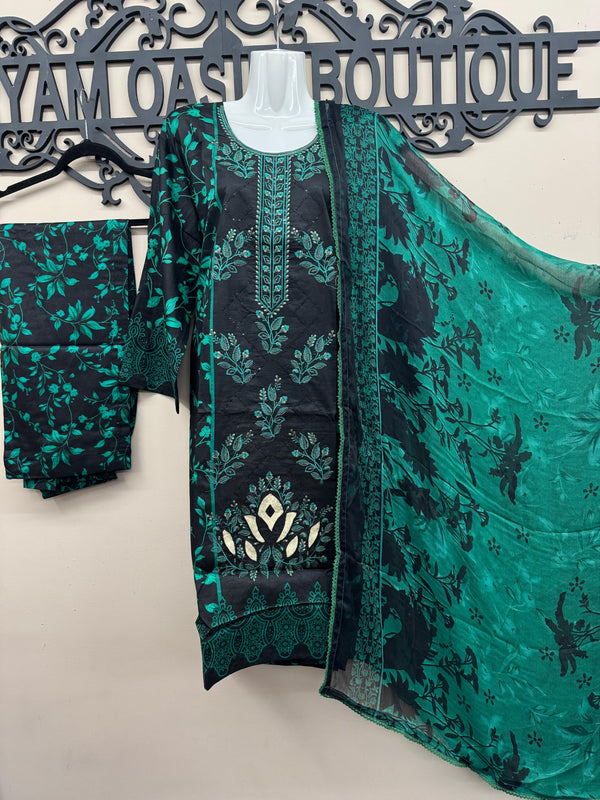 Black & Green 3-Piece Lawn Suit with Front Embroidery & Chiffon Dupatta