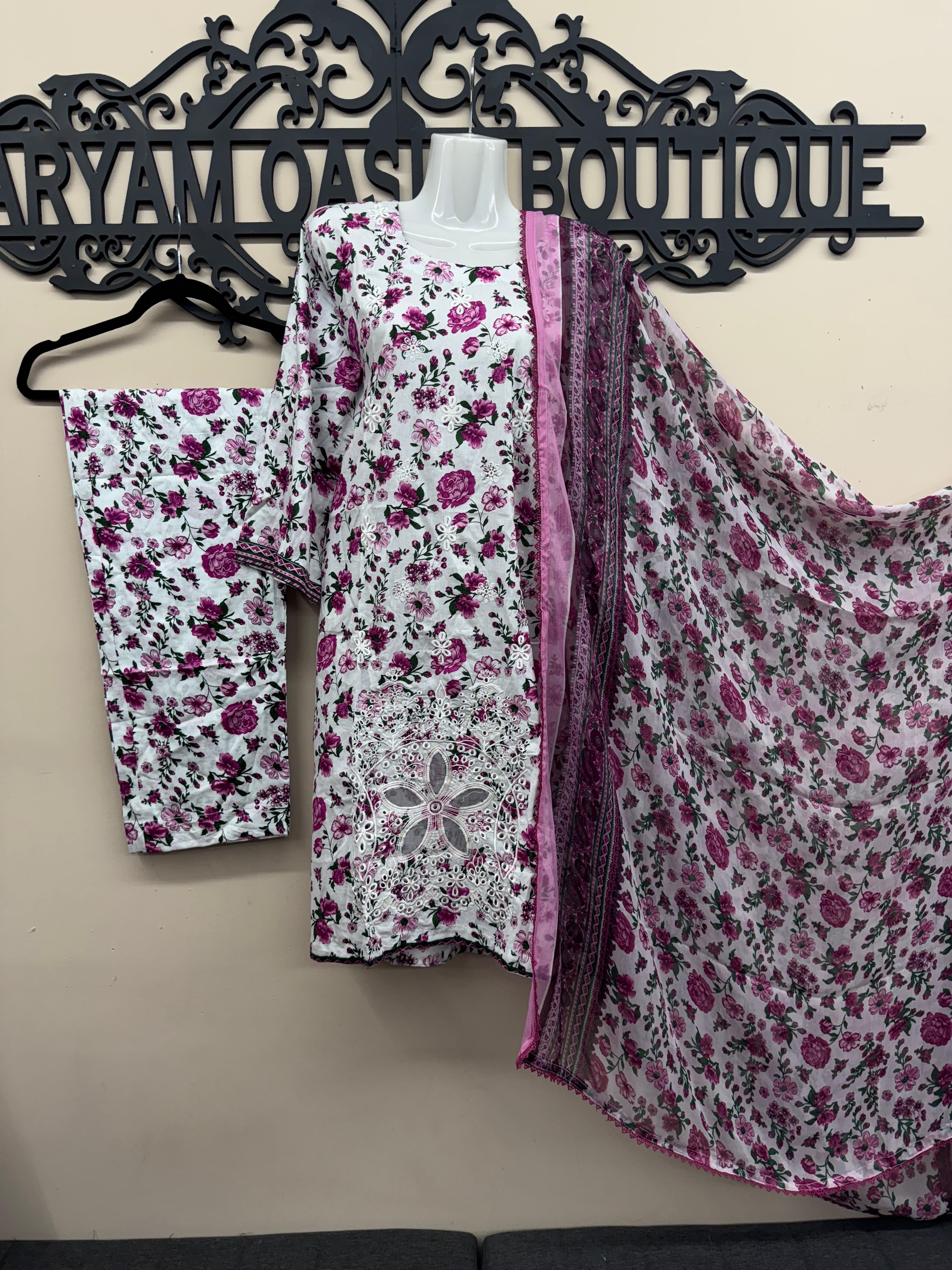 White & Pink Floral 3-Piece Lawn Suit with White Embroidery & Chiffon Dupatta