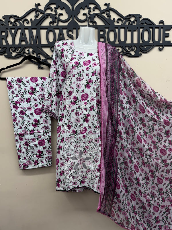 White & Pink Floral 3-Piece Lawn Suit with White Embroidery & Chiffon Dupatta