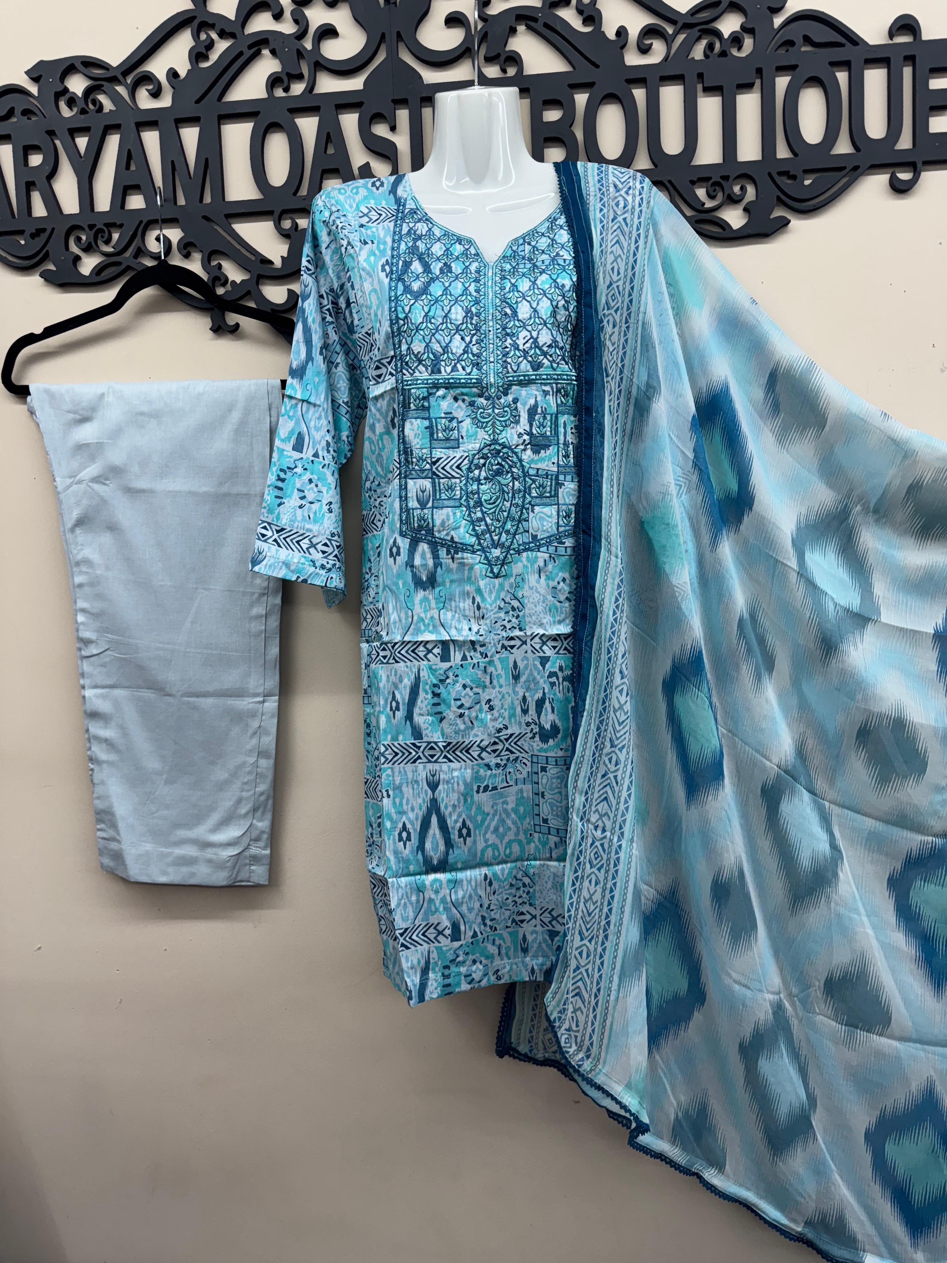 Blue Printed 3-Piece Lawn Suit with Embroidered Neck & Chiffon Dupatta