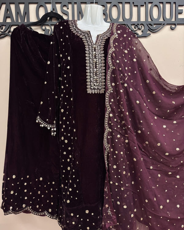 Elegant 3-Piece Velvet Embroidered Ensemble for Women