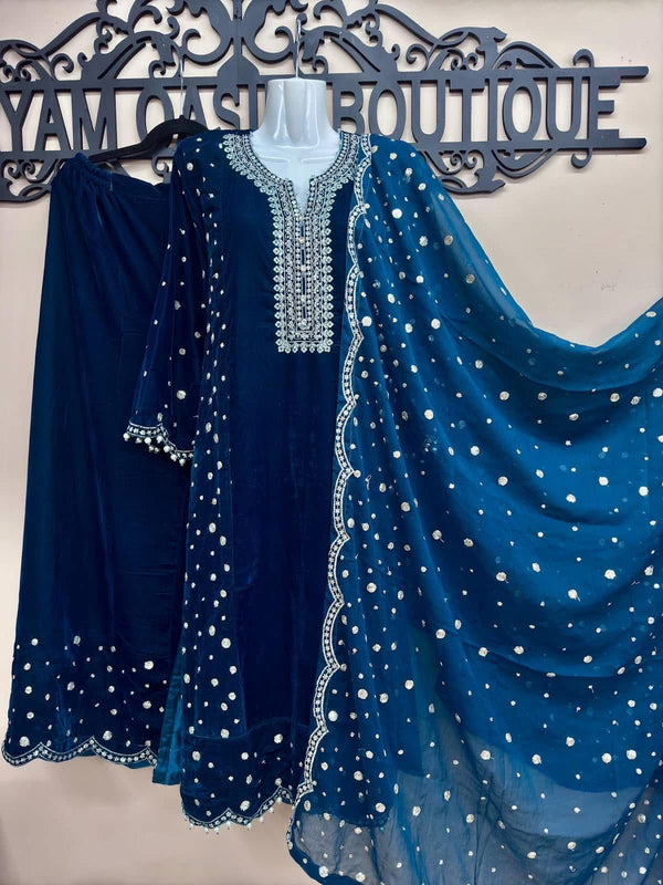 Elegant Blue 3-Piece Velvet Embroidered Ensemble for Women