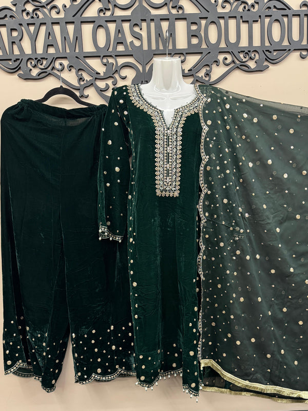 Elegant Green 3-Piece Velvet Embroidered Ensemble for Women