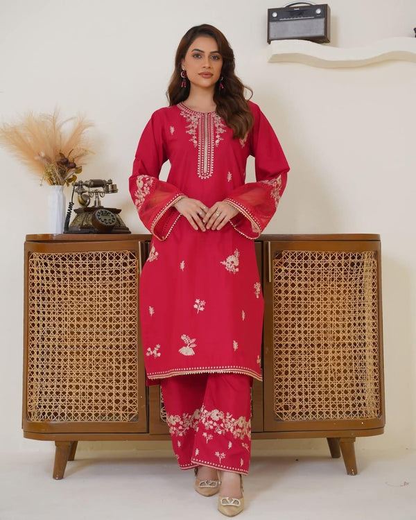 Red Embroidered Swiss Cambric 2-Piece Suit for Women