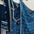 Navy Blue Micro Velvet 3-Piece Embroidered Formal Dress with Sheer Chiffon Dupatta