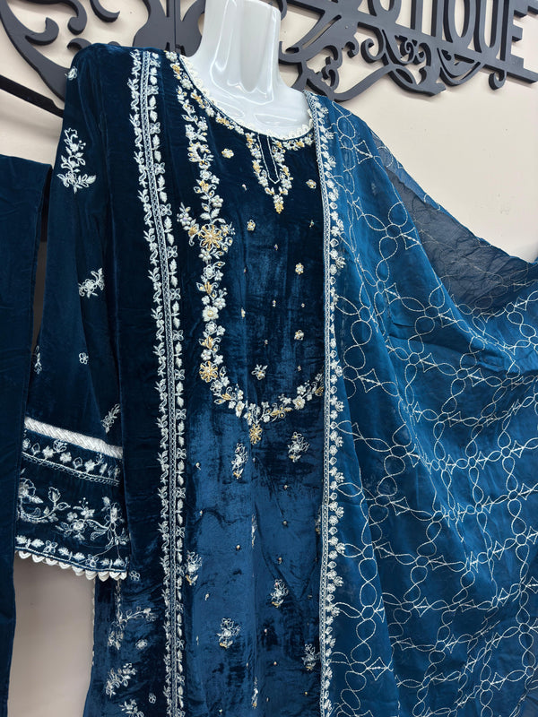 Navy Blue Micro Velvet 3-Piece Embroidered Formal Dress with Sheer Chiffon Dupatta