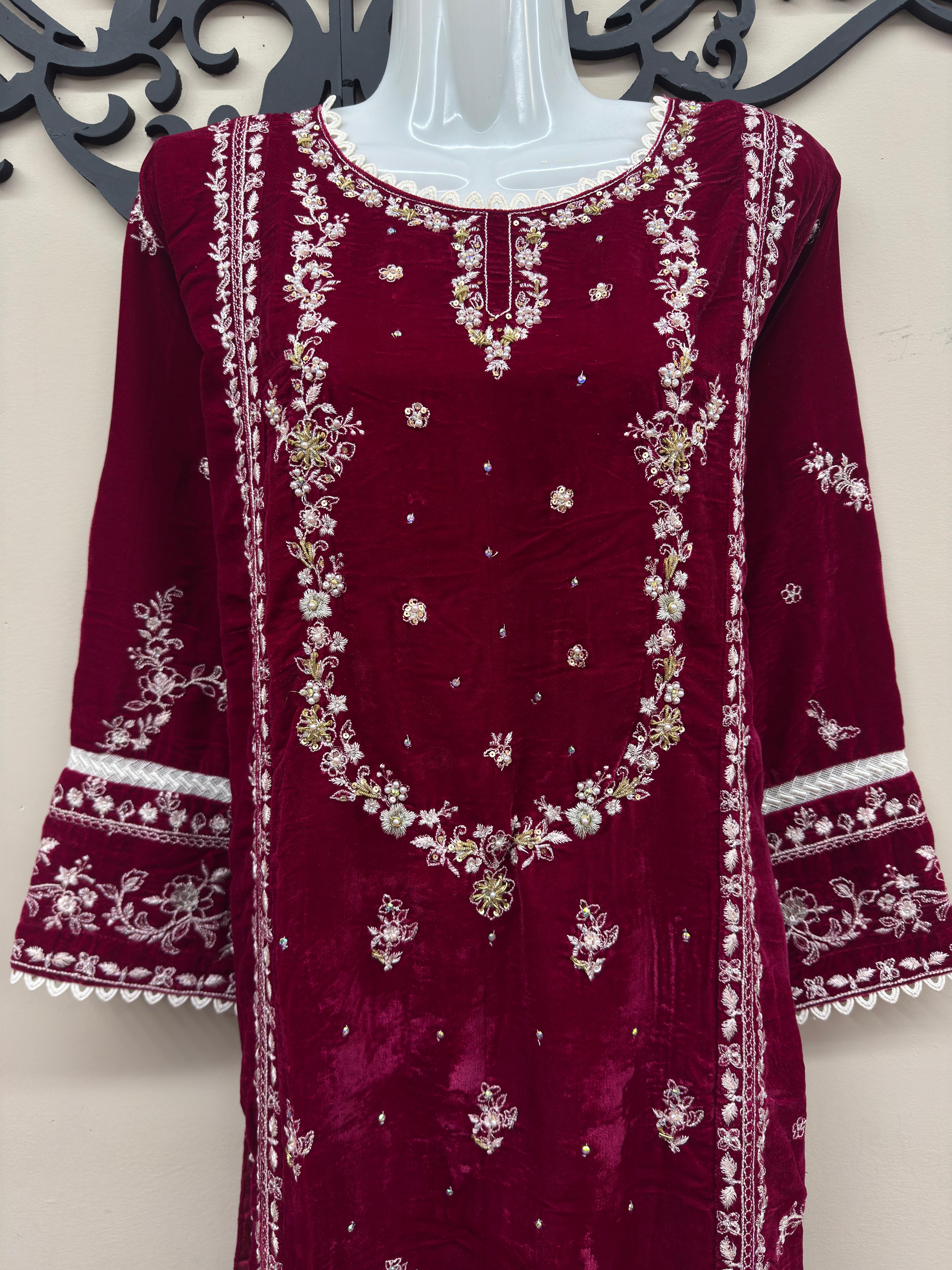 Maroon Micro Velvet 3-Piece Embroidered Formal Dress