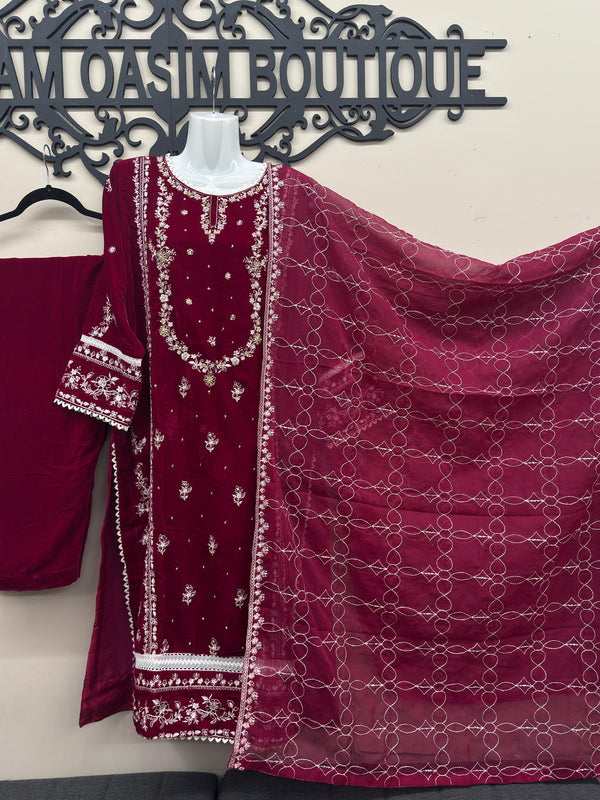 Maroon Micro Velvet 3-Piece Embroidered Formal Dress