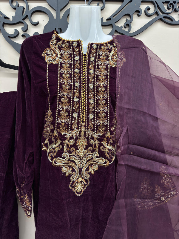 Junaid Jamshed Original Velvet 3PC Embroidered Outfit