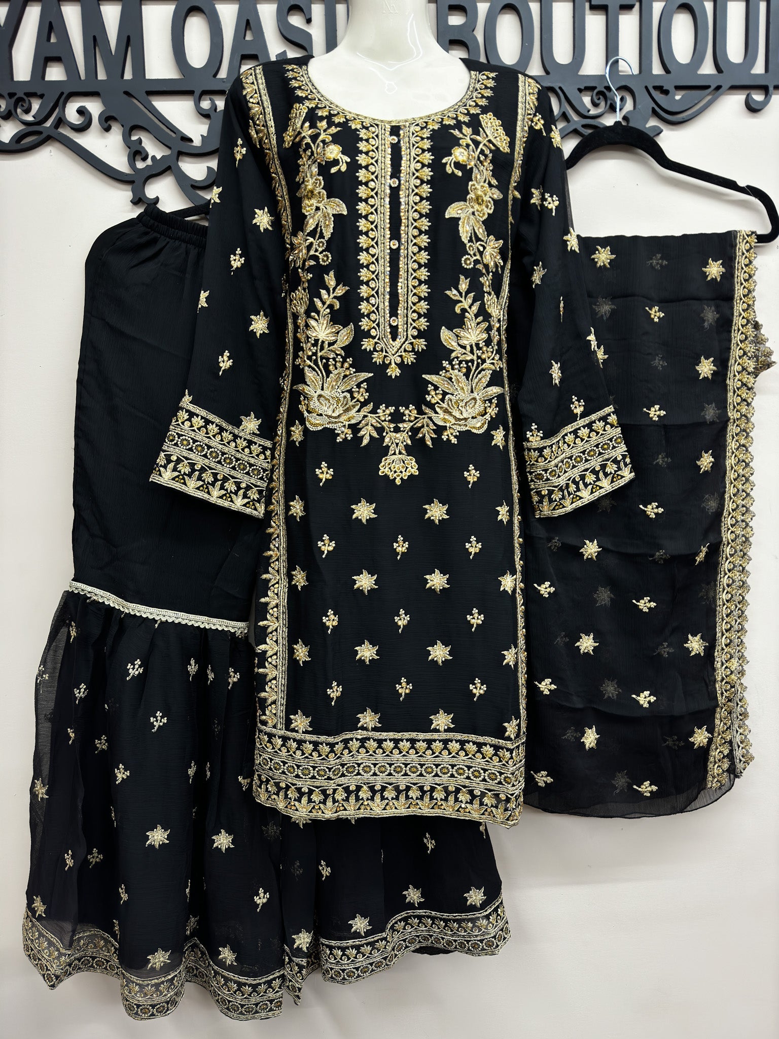 3-Piece Chiffon Embroidery Gharara Outfit - Black