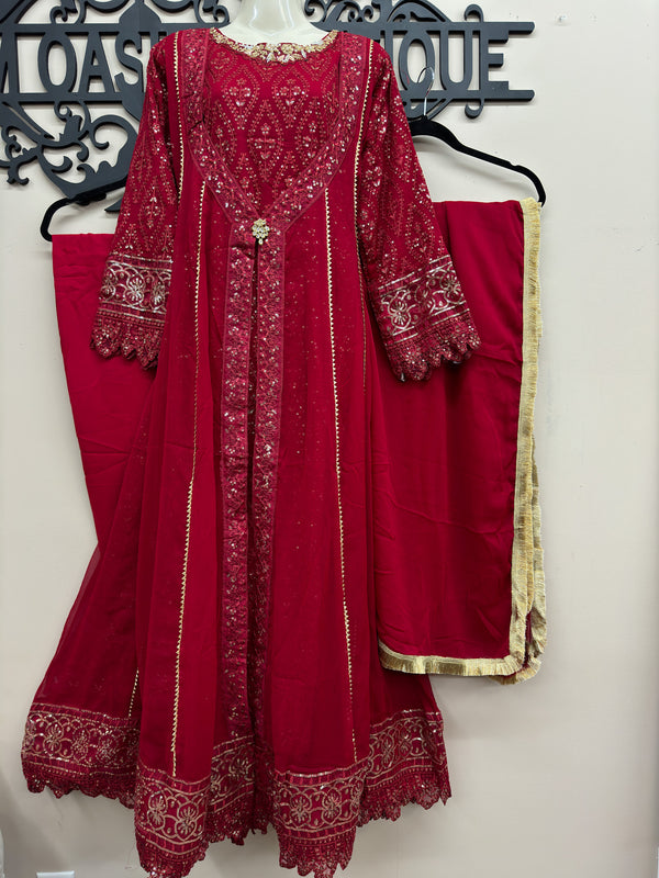 Elegant 3-Piece Chiffon Embroidered Long Dress