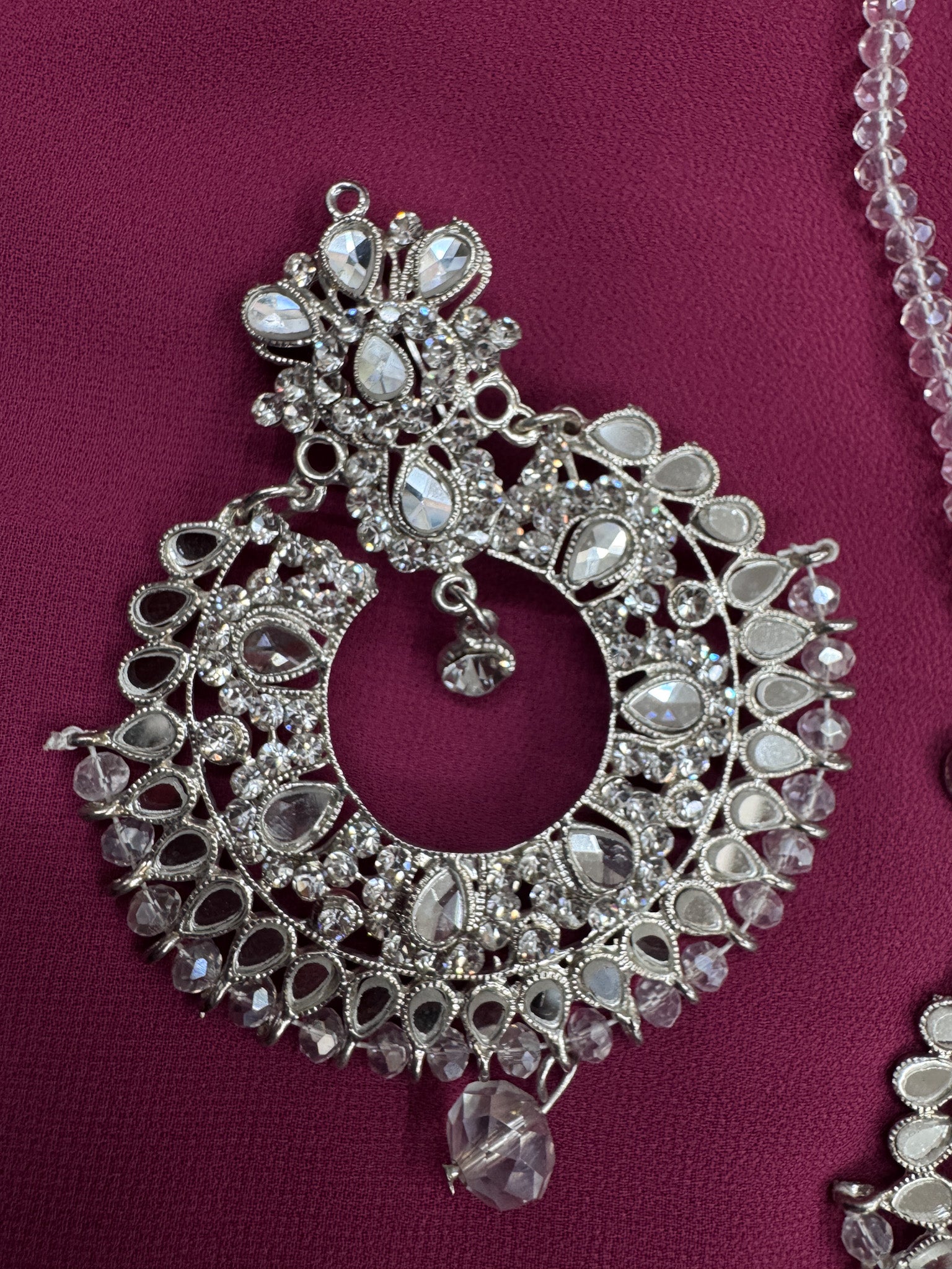 Elegant Earrings and Tikka Set – Silver Kundan Chandbali Design