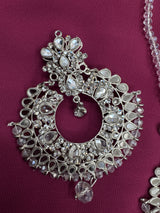 Elegant Earrings and Tikka Set – Silver Kundan Chandbali Design