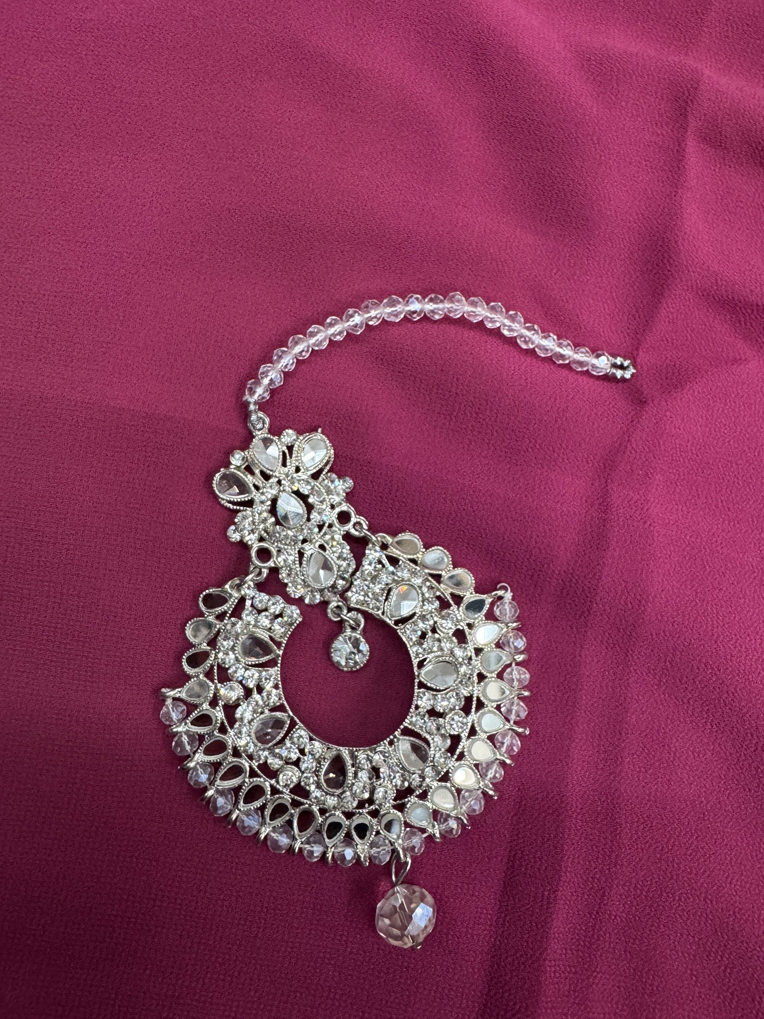 Elegant Earrings and Tikka Set – Silver Kundan Chandbali Design