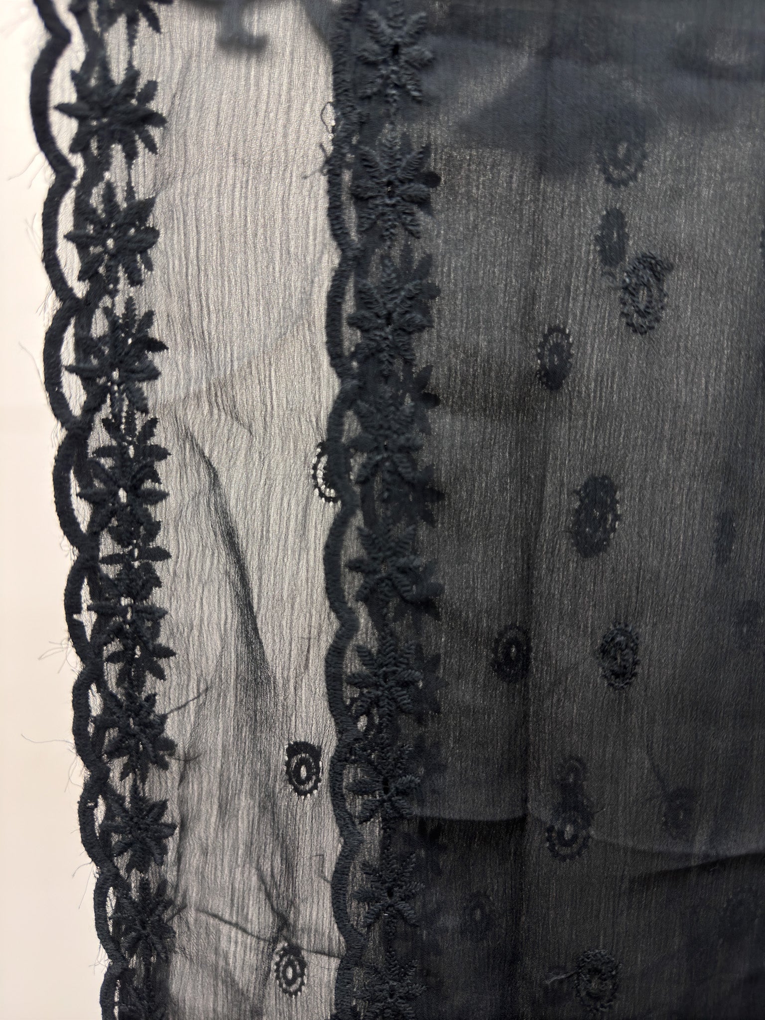 Elegant Sheer Chiffon Embroidered Dupatta - Black