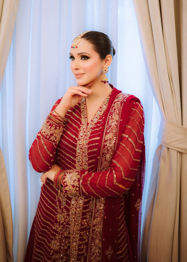 Maroon Luxury Chiffon Embroidered Straight-Cut Lehenga Set – Dilbaro | 3 Piece