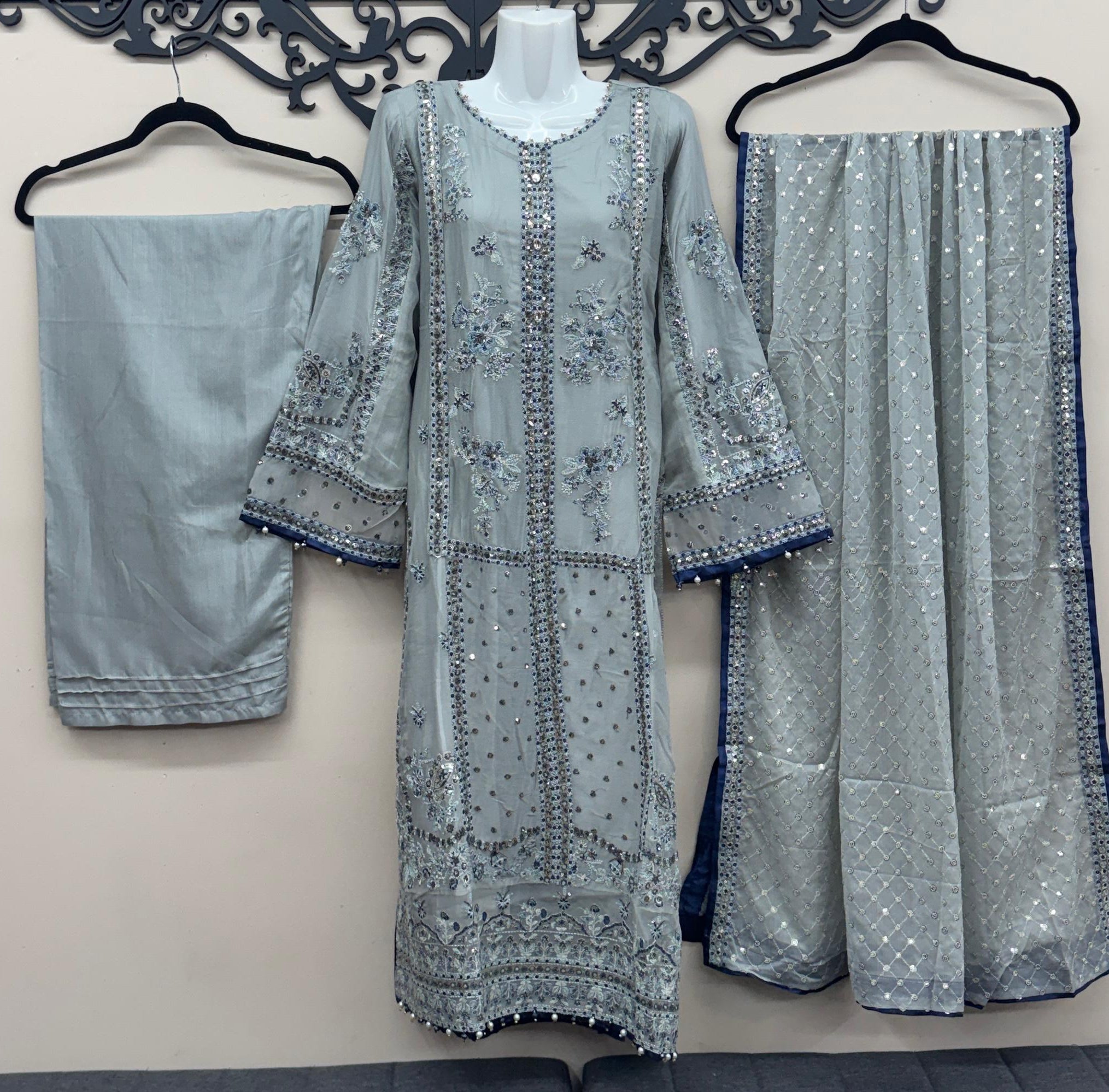 Ice blue Pakistani dress with sequined chiffon dupatta