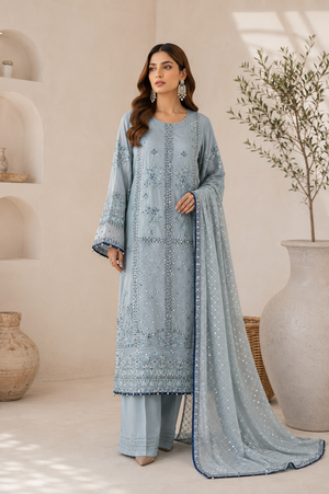 Ice blue chiffon embroidered Pakistani 3 piece suit Canada
