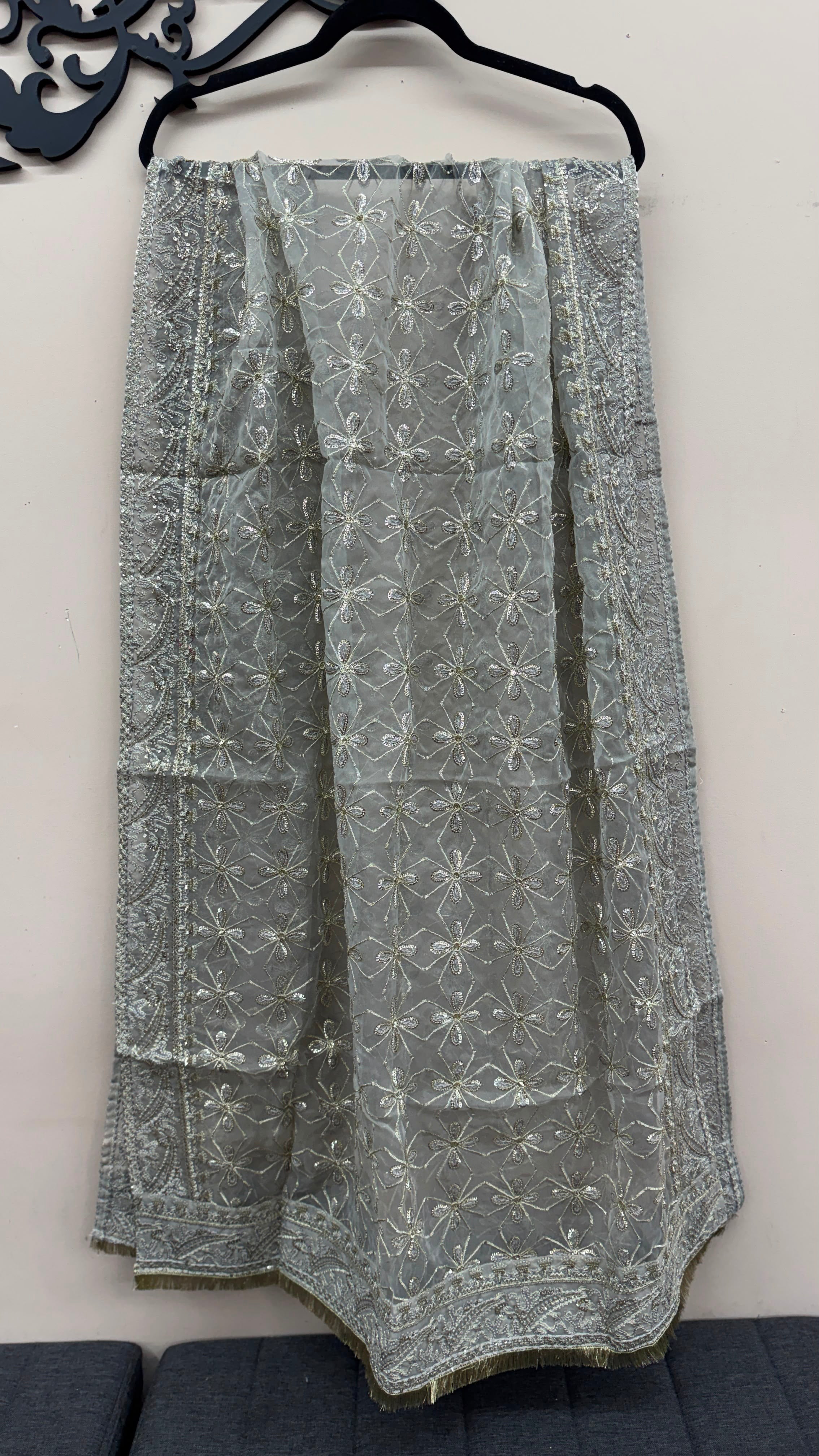 Icy blue fully embroidered organza dupatta