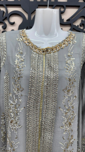 Icy blue silver Pakistani wedding suit with embroidered front