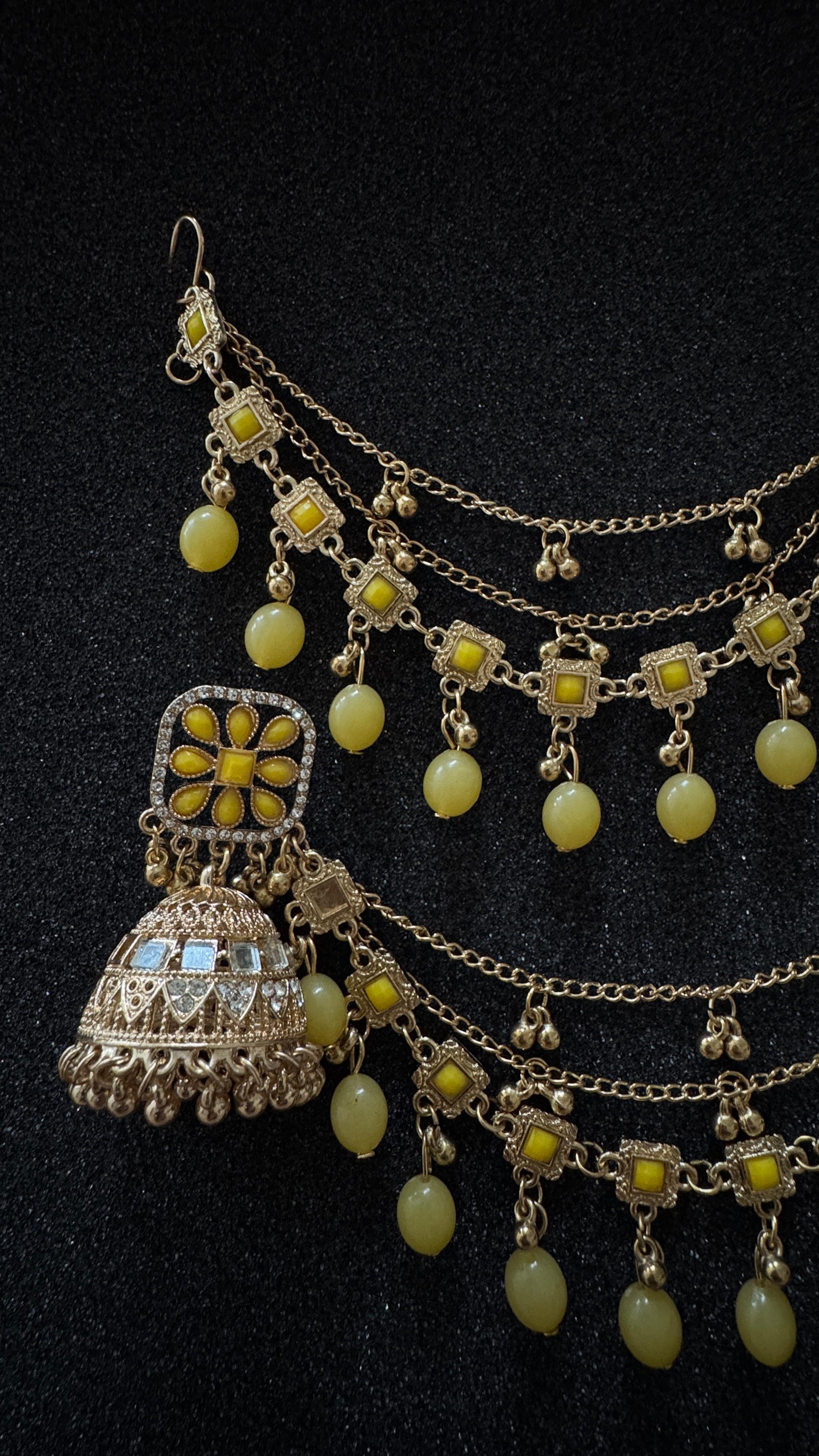 Shop beautiful yellow mirror oxidized jhumka earrings with Sahara chain. Perfect for weddings, Eid, Mehndi, festivals and traditional ethnic outfits in Canada.
