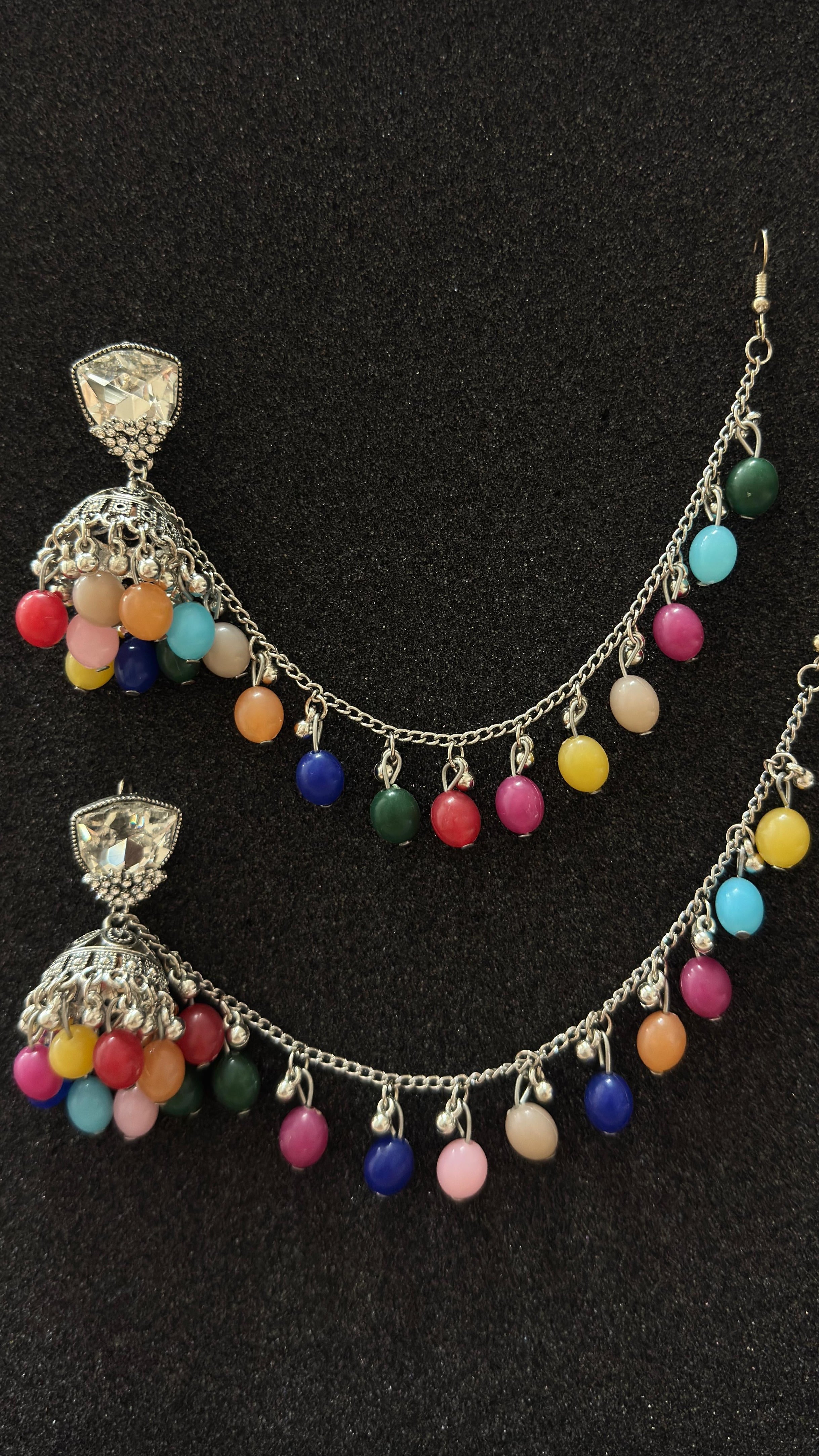 Pakistani & Indian style Oxidized Silver Afghan jhumka earrings with colorful beads and decorative sahara chain in Canada