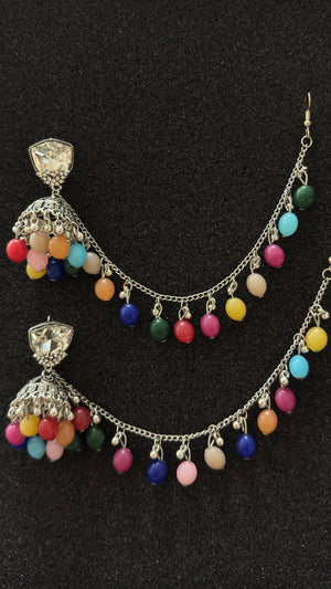 Pakistani & Indian style Oxidized Silver Afghan jhumka earrings with colorful beads and decorative sahara chain in Canada