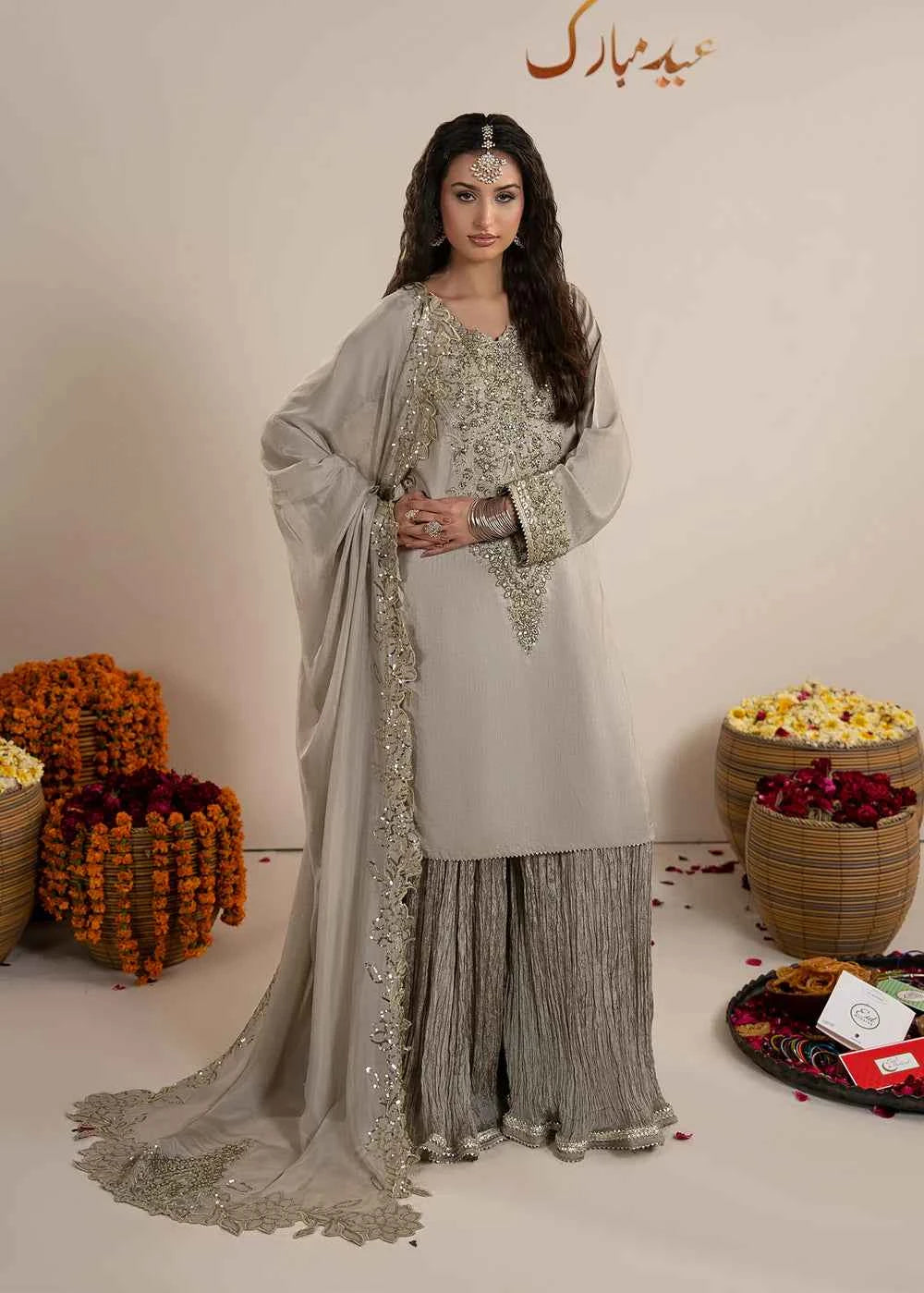 3 pcs Grey Raw Silk Sharara Suit – Zarqun Formal Pakistani Dress Canada