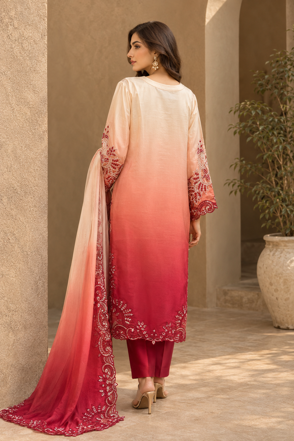 Ivory Sheesha Silk shirt with detailed neckline and sleeve embroidery