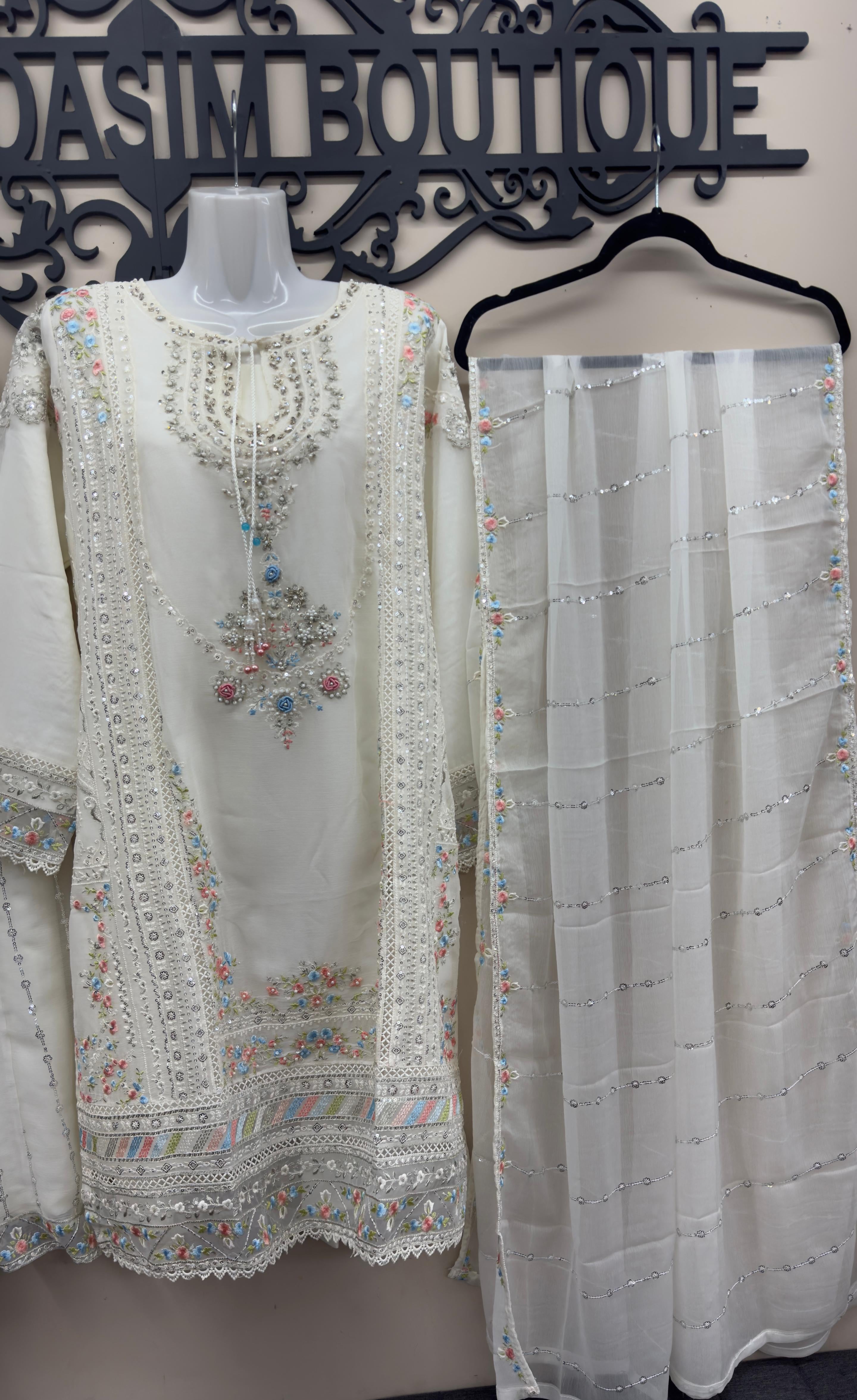Ivory Pakistani formal dress with embroidered dupatta
