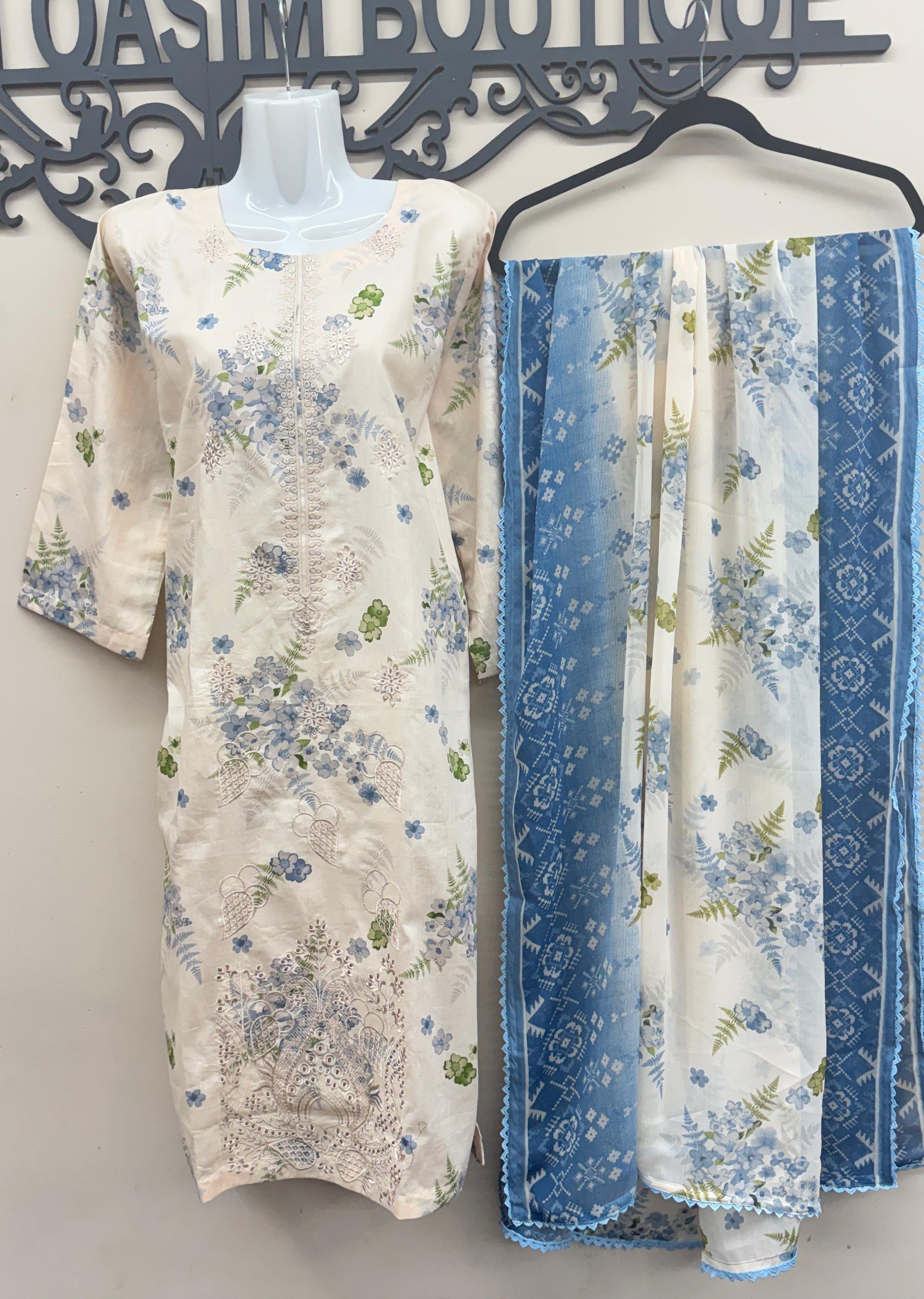 Ivory blue chicken kari embroidered lawn 3 piece Pakistani suit with Farshi shalwar