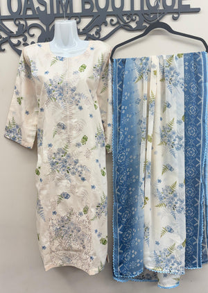Ivory blue chicken kari embroidered lawn 3 piece Pakistani suit with Farshi shalwar