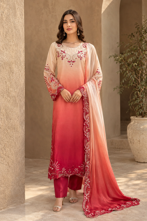 Ivory and blush pink embroidered 3 piece Pakistani suit with deep red dupatta